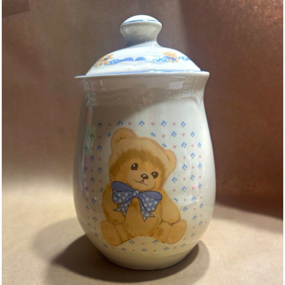 Ceramic Teddy Bear Jar Canister w/ Lid Handle White Blue Tan 7in Tall
